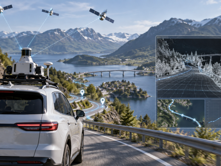 モバイルマッピング車両でGNSS INSとLiDARを使い位置姿勢と軌跡を計測する生成イメージ