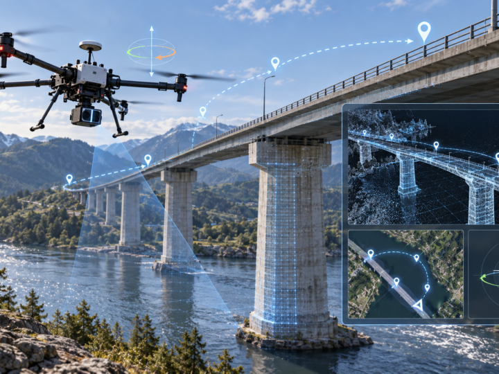 UAVで橋梁点検・測量を行いGNSS INSと飛行経路を利用する構成の生成イメージ