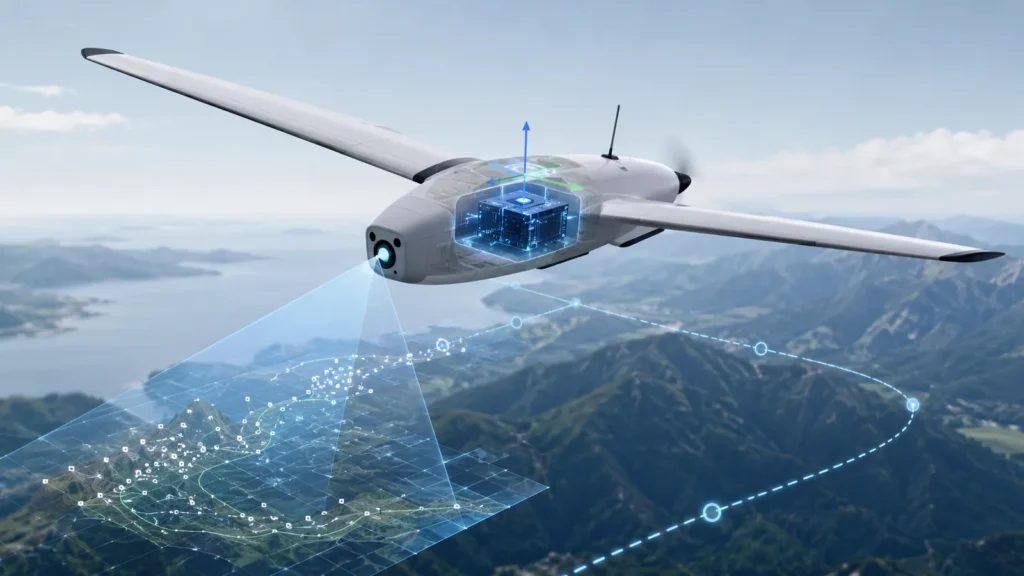 小型無人航空機の視覚慣性航法を示す用途イメージ