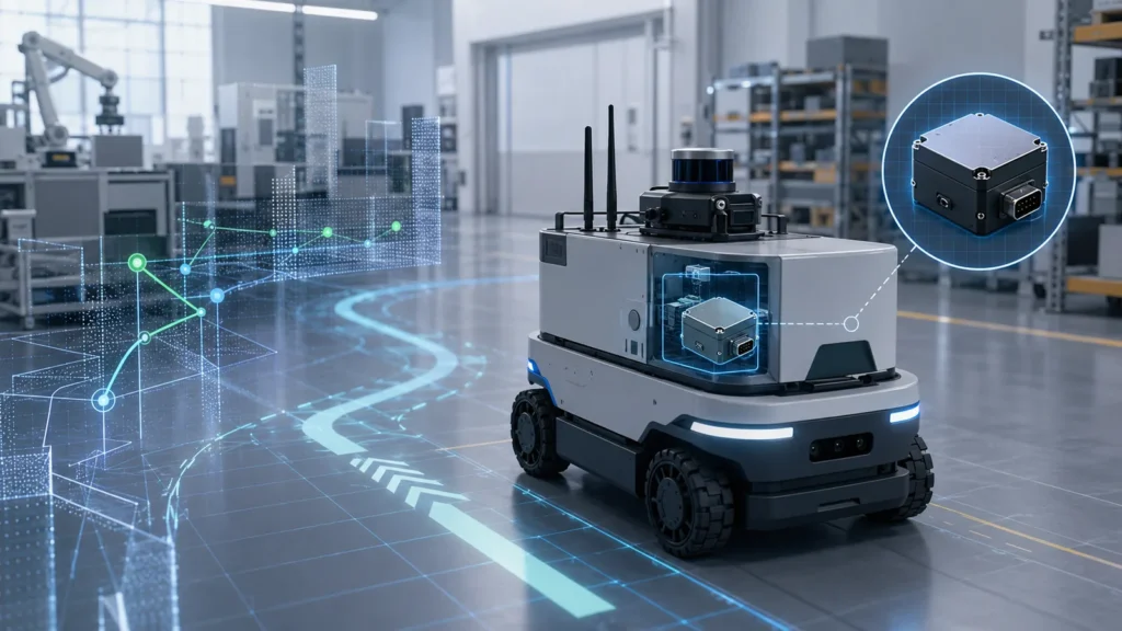 ROStoJAUS統合での移動ロボット用IMUを示す用途イメージ