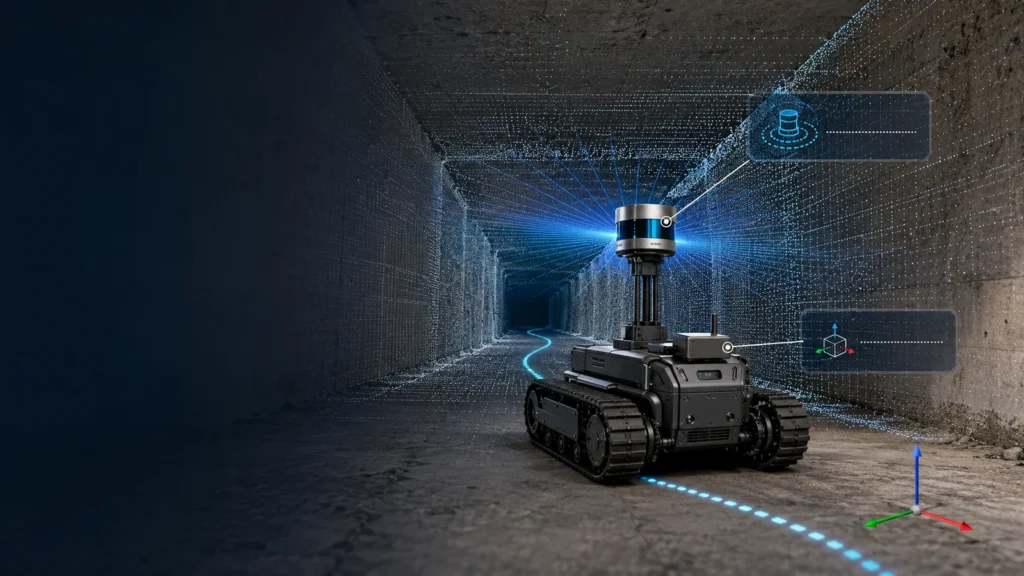 LiDARとIMUを搭載した移動ロボットが周囲を走査し3D点群地図を生成するインフラ点検の用途イメージ