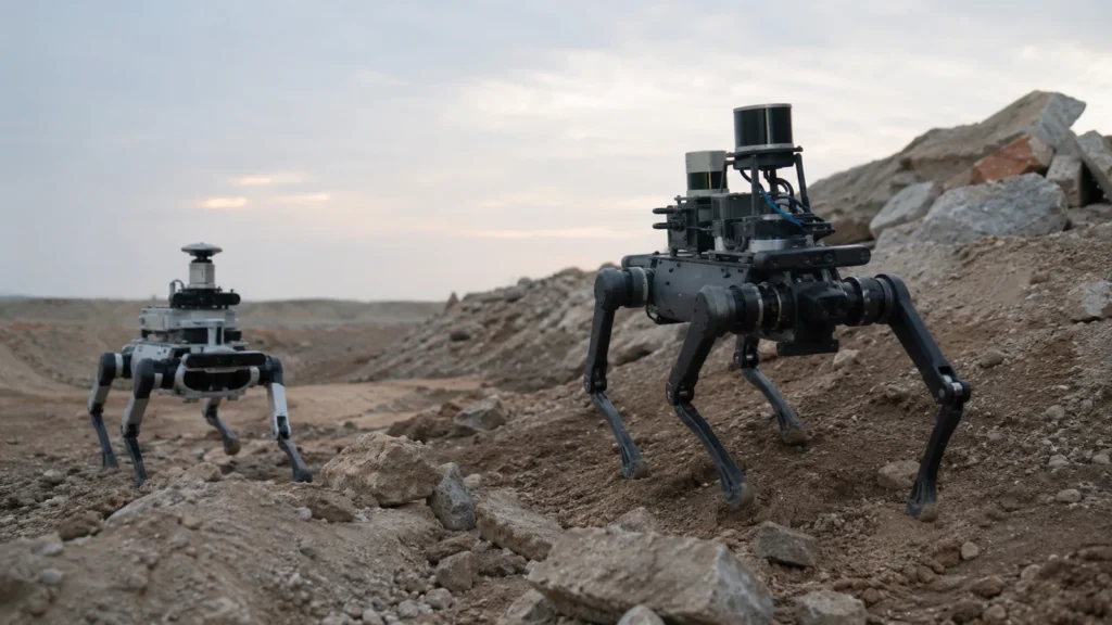 異なるLiDAR・カメラ配置を持つ2台の四足歩行ロボットが不整地でデータ収集する用途イメージ