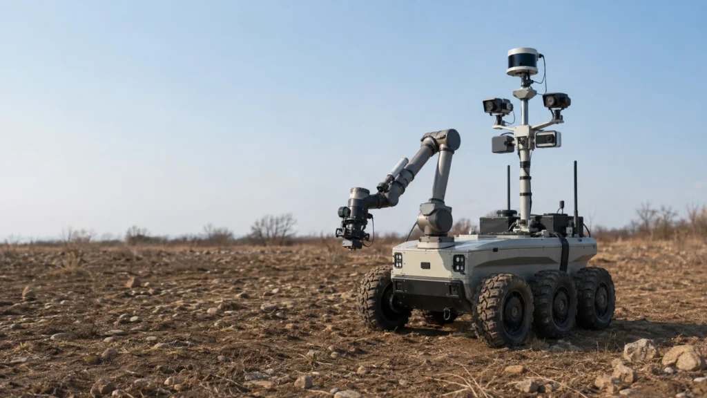 ロボットアーム付きUGVが荒れた地表をLiDARと複数カメラで計測する人道的地雷除去研究の用途イメージ