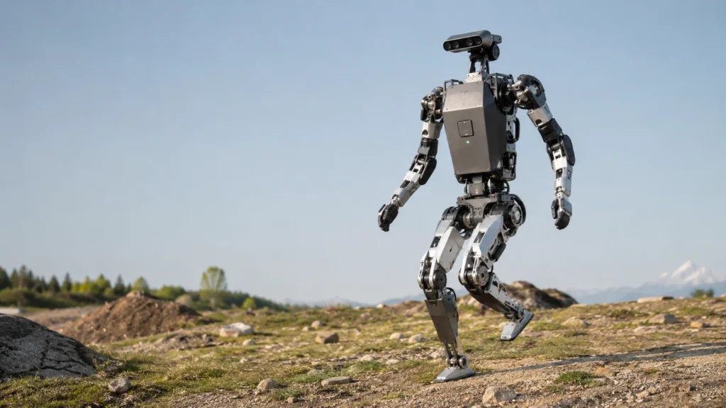 人間サイズの人型ロボットが屋外で動的歩行とバランス制御を行う研究の用途イメージ