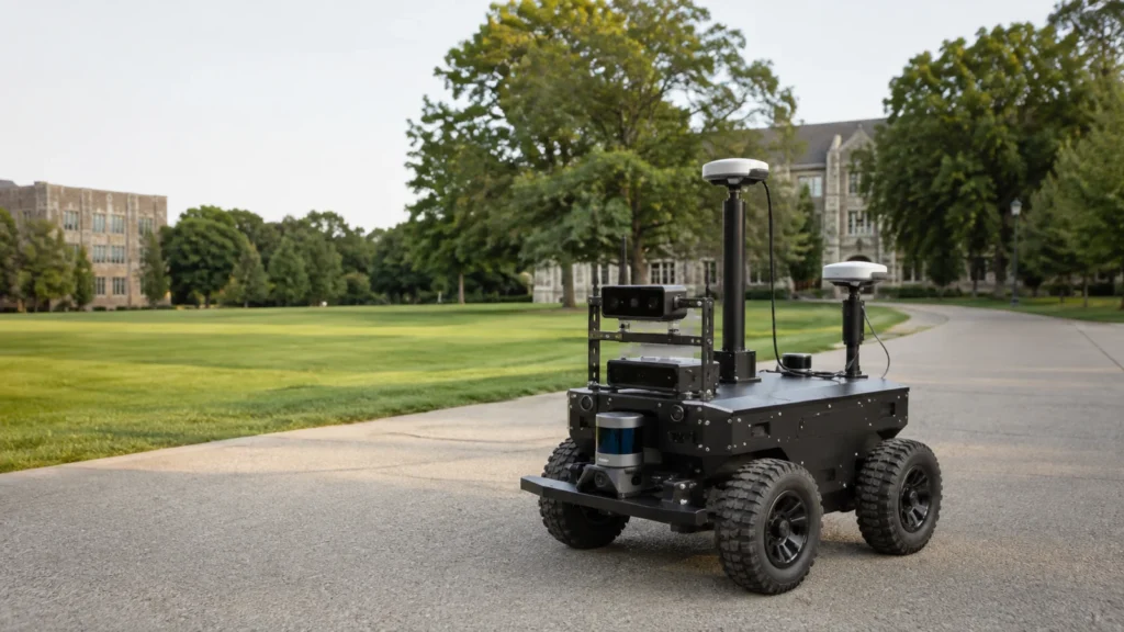 LiDAR・カメラ・GNSS・慣性計測を搭載した車輪型UGVが大学構内を走行するデータ収集の用途イメージ