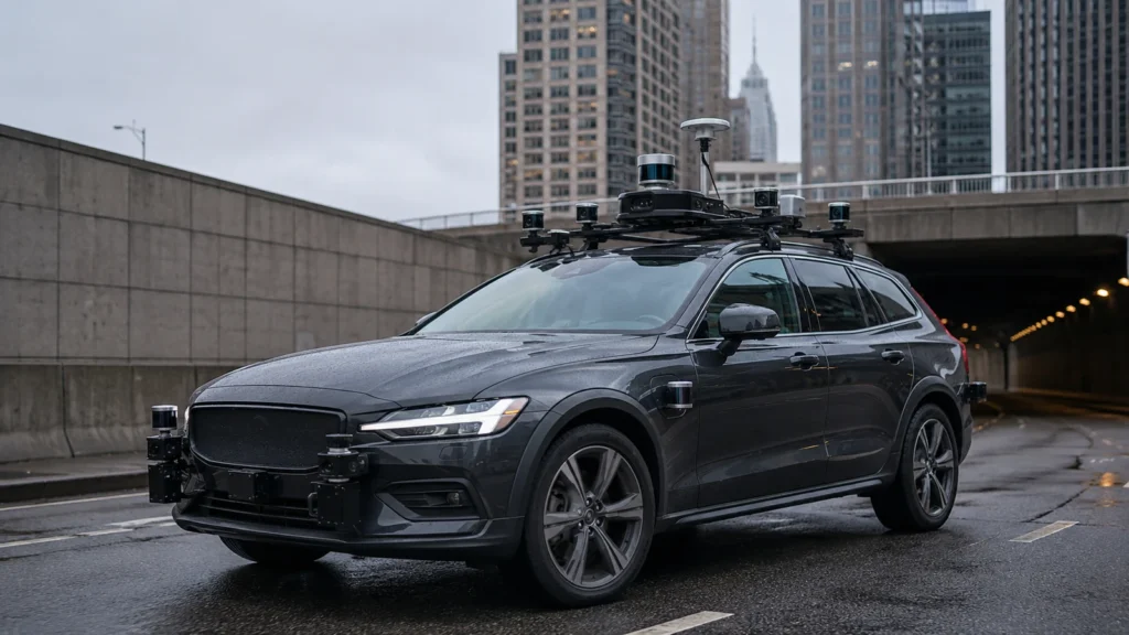LiDAR・カメラ・レーダー・GNSS・慣性計測を搭載した研究車両が都市の悪条件下を走行する用途イメージ