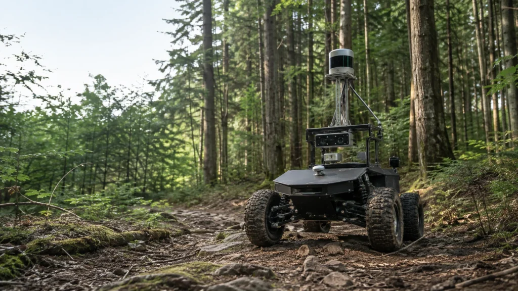 LiDAR・カメラ・慣性計測を搭載したUGVが森林トレイルを走行する冗長自己位置推定研究の用途イメージ