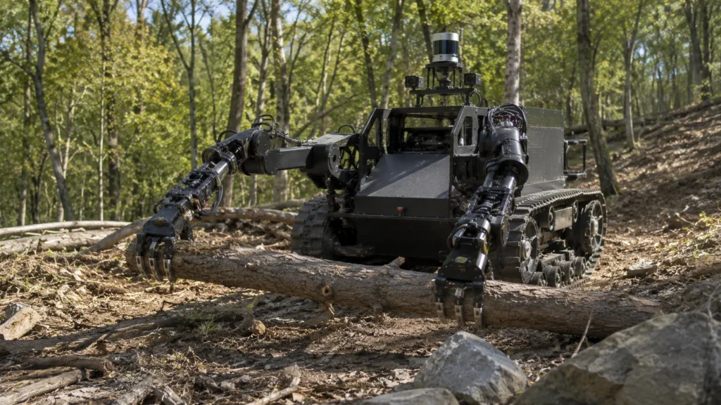 履帯式双腕移動マニピュレータが森林不整地で倒木を操作するロボット研究の用途イメージ