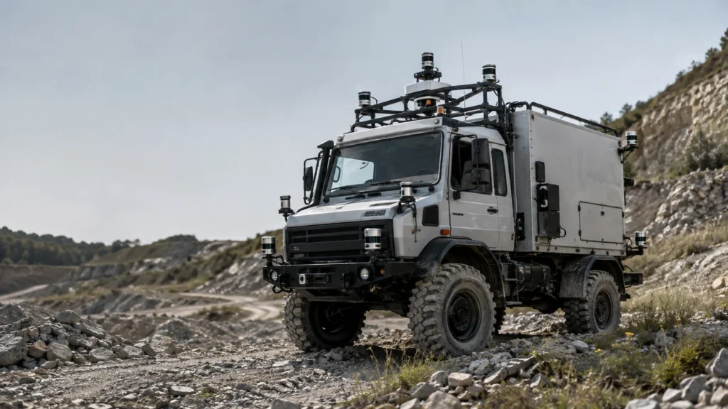 複数LiDAR・カメラ・慣性計測を搭載した大型オフロード研究車両が荒地を走行する用途イメージ